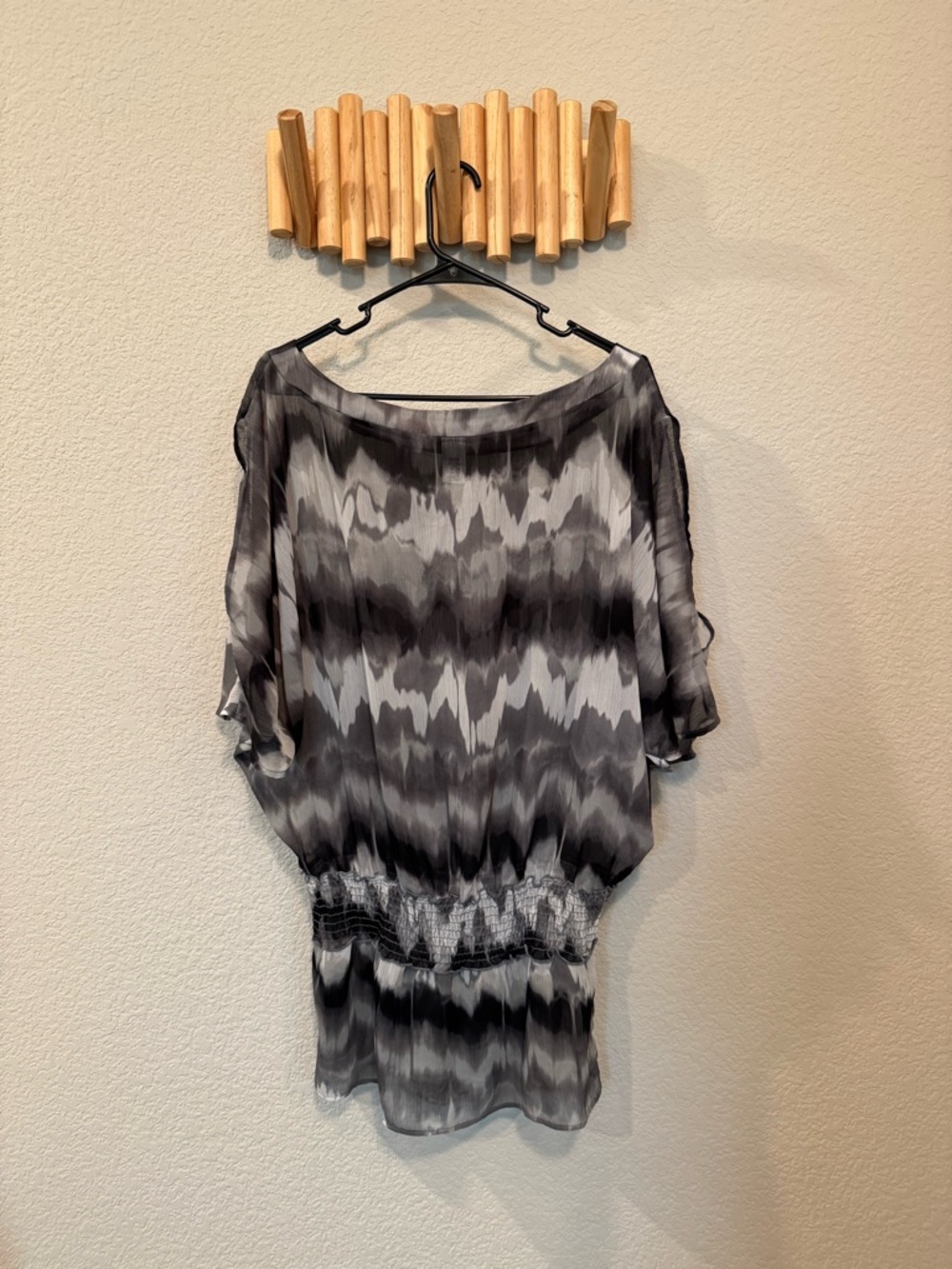 Tie Dye Swim Cover Up Smocked Waist Sheer Beach Coverup Black Gray Flowy - Picture 2 of 4